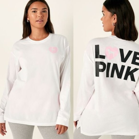 PINK Victoria's Secret Tops - Victoria's Secret PINK Womens Cotton Long Sleeve Campus T-Shirt White XL NWT